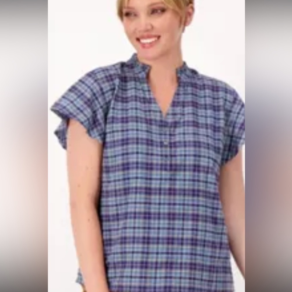 Candace Cameron Bure plaid flutter sleeve ruffle collar small top